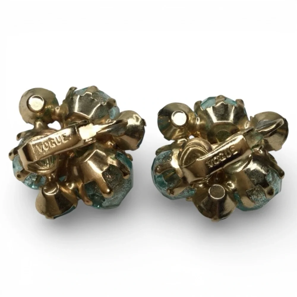 Reserved -Vintage Signed VOGUE Cluster Earrings Gold Tone, Blue & AB Rhinestones - Picture 8 of 12